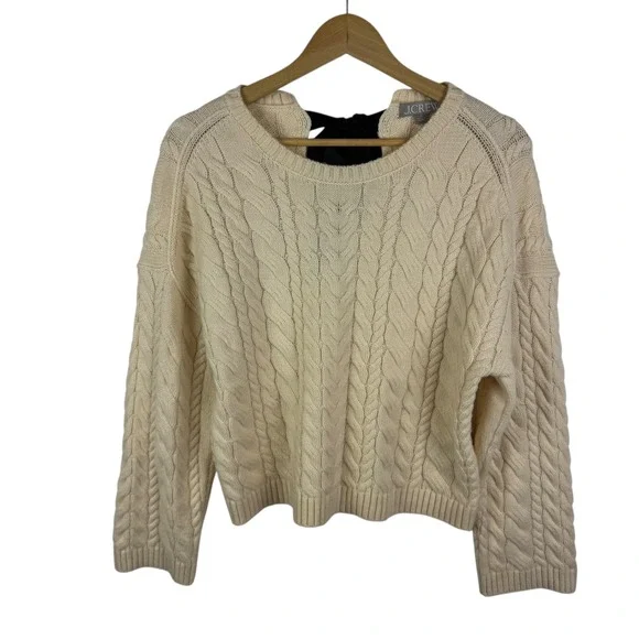 J Crew Tie Back Cable Knit Sweater Small Cream Wool Pullover Fisherman Preppy - Picture 2 of 12